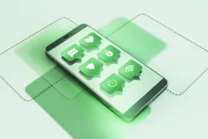 Creative green smartphone with communication icons on screen Social media and network concept 3D Rendering